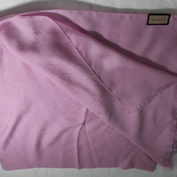 NWT GUCCI Pink Jacquard GG Wool Silk Scarf Unisex - Picture 6 of 6